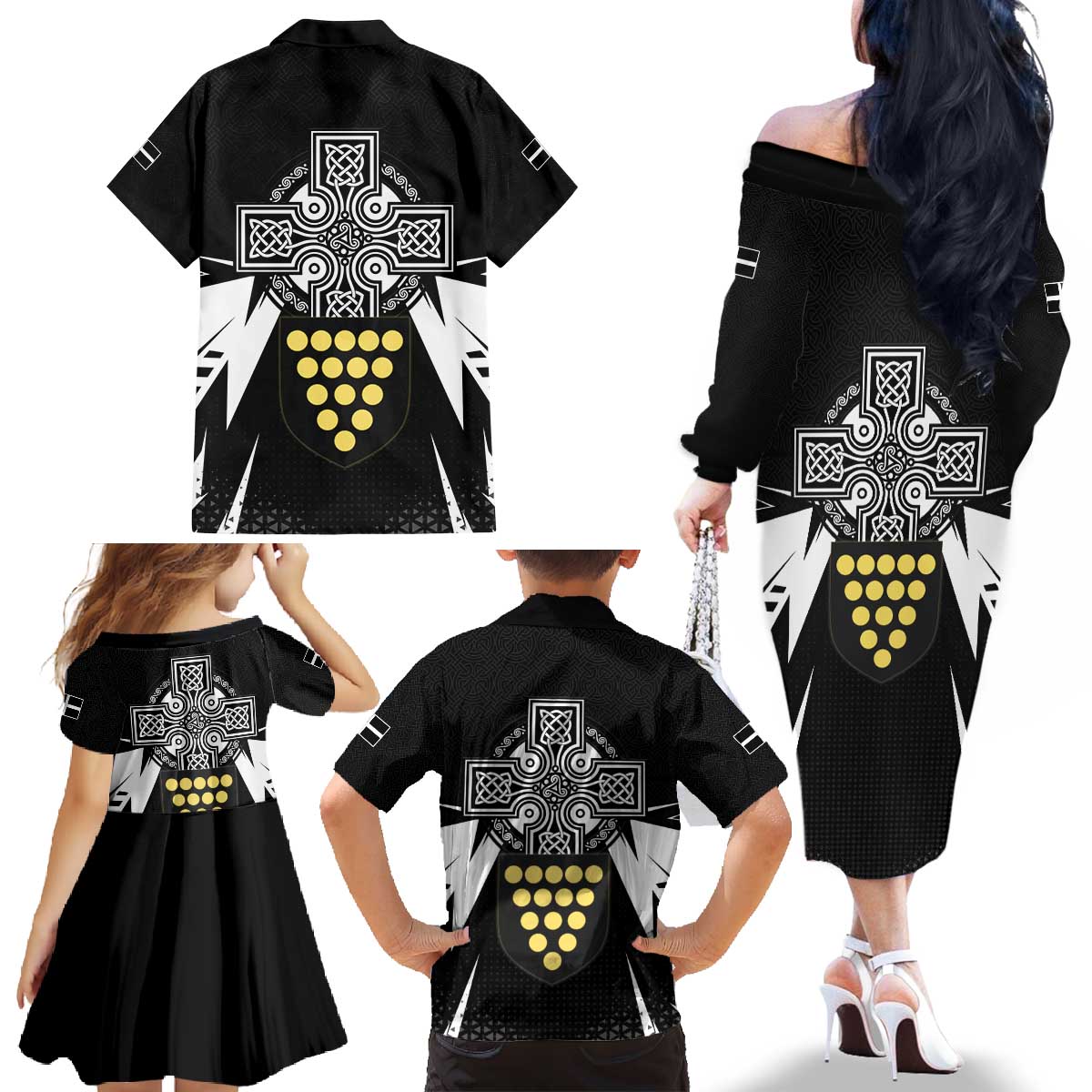 Cornwall Celtic Cross Family Matching Off The Shoulder Long Sleeve Dress and Hawaiian Shirt Coat Of Arms With Celtic Pattern - Wonder Print Shop