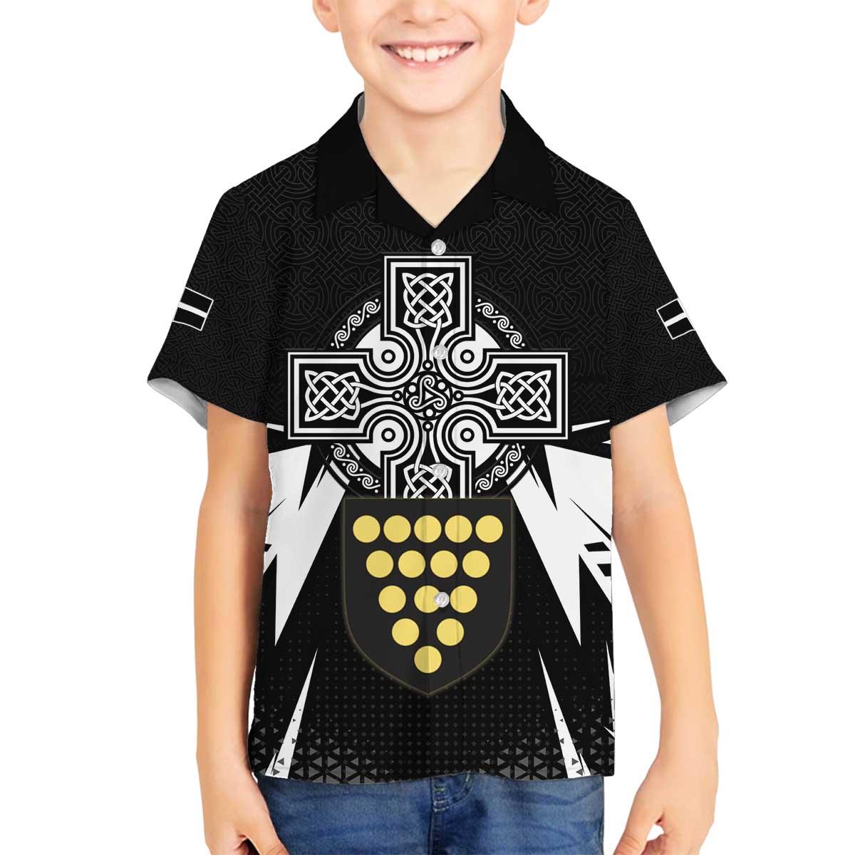 Cornwall Celtic Cross Family Matching Off The Shoulder Long Sleeve Dress and Hawaiian Shirt Coat Of Arms With Celtic Pattern - Wonder Print Shop