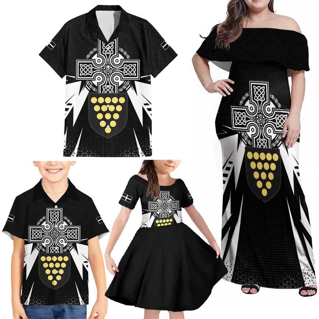 Cornwall Celtic Cross Family Matching Off Shoulder Maxi Dress and Hawaiian Shirt Coat Of Arms With Celtic Pattern - Wonder Print Shop