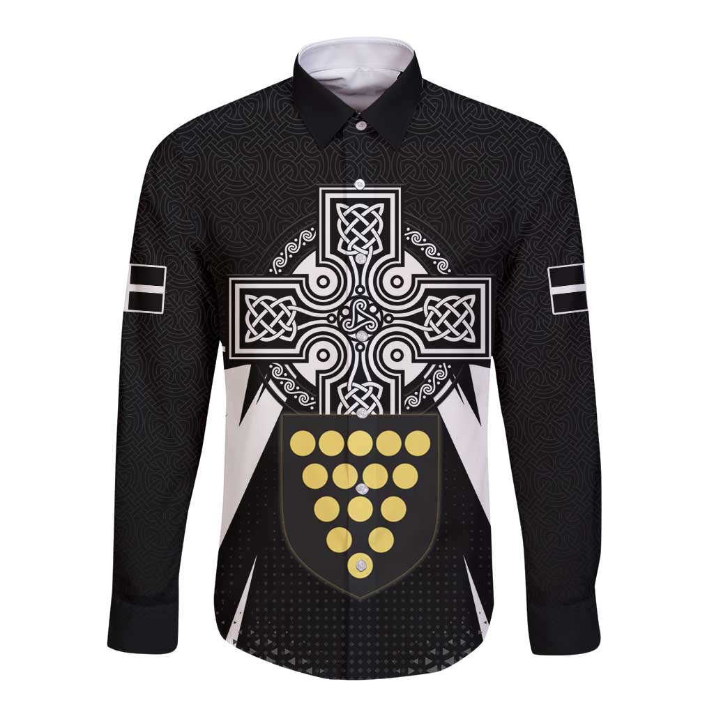 Cornwall Celtic Cross Long Sleeve Button Shirt Coat Of Arms With Celtic Pattern - Wonder Print Shop