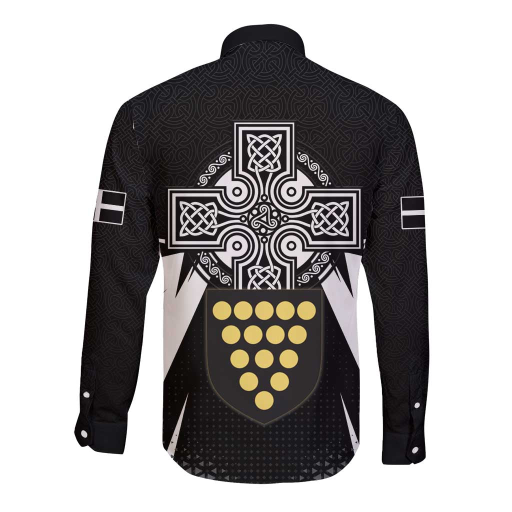 Cornwall Celtic Cross Long Sleeve Button Shirt Coat Of Arms With Celtic Pattern - Wonder Print Shop