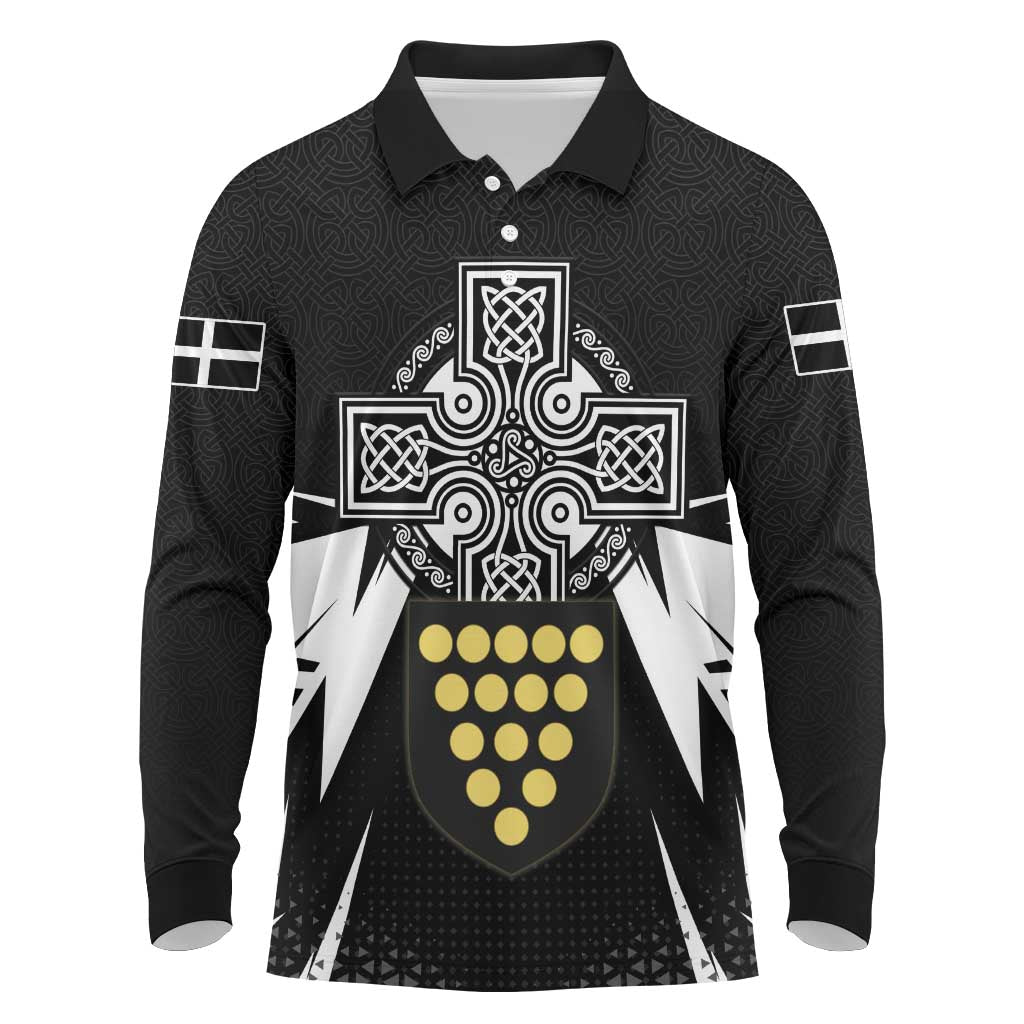 Cornwall Celtic Cross Long Sleeve Polo Shirt Coat Of Arms With Celtic Pattern - Wonder Print Shop