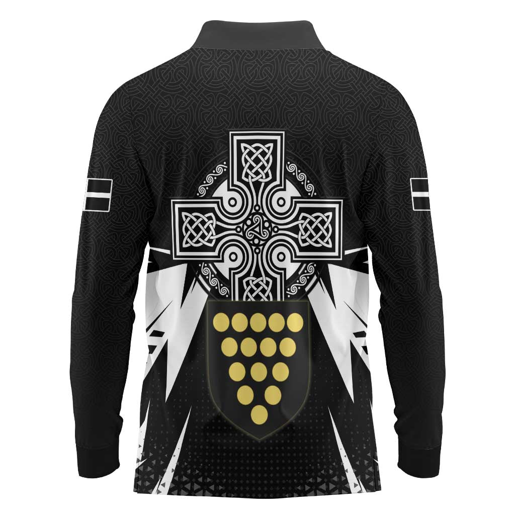 Cornwall Celtic Cross Long Sleeve Polo Shirt Coat Of Arms With Celtic Pattern - Wonder Print Shop
