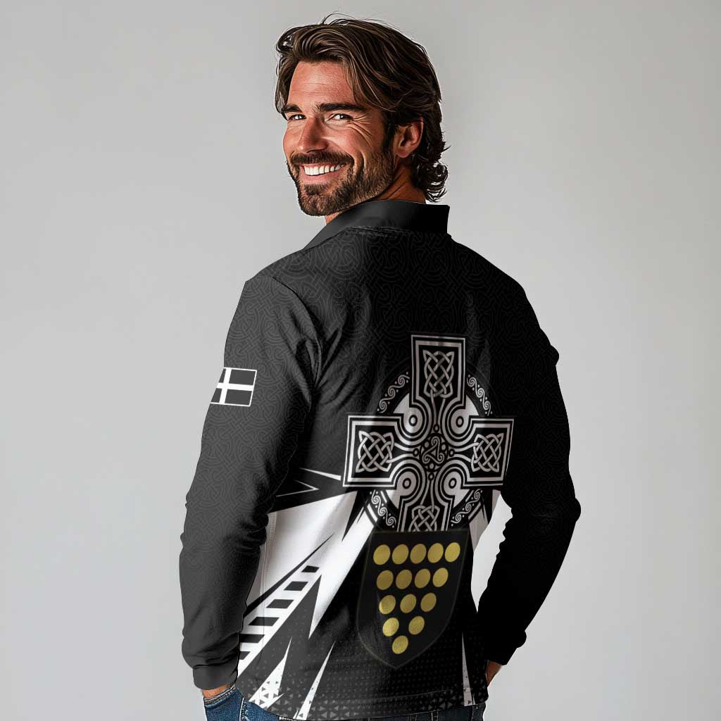 Cornwall Celtic Cross Long Sleeve Polo Shirt Coat Of Arms With Celtic Pattern - Wonder Print Shop