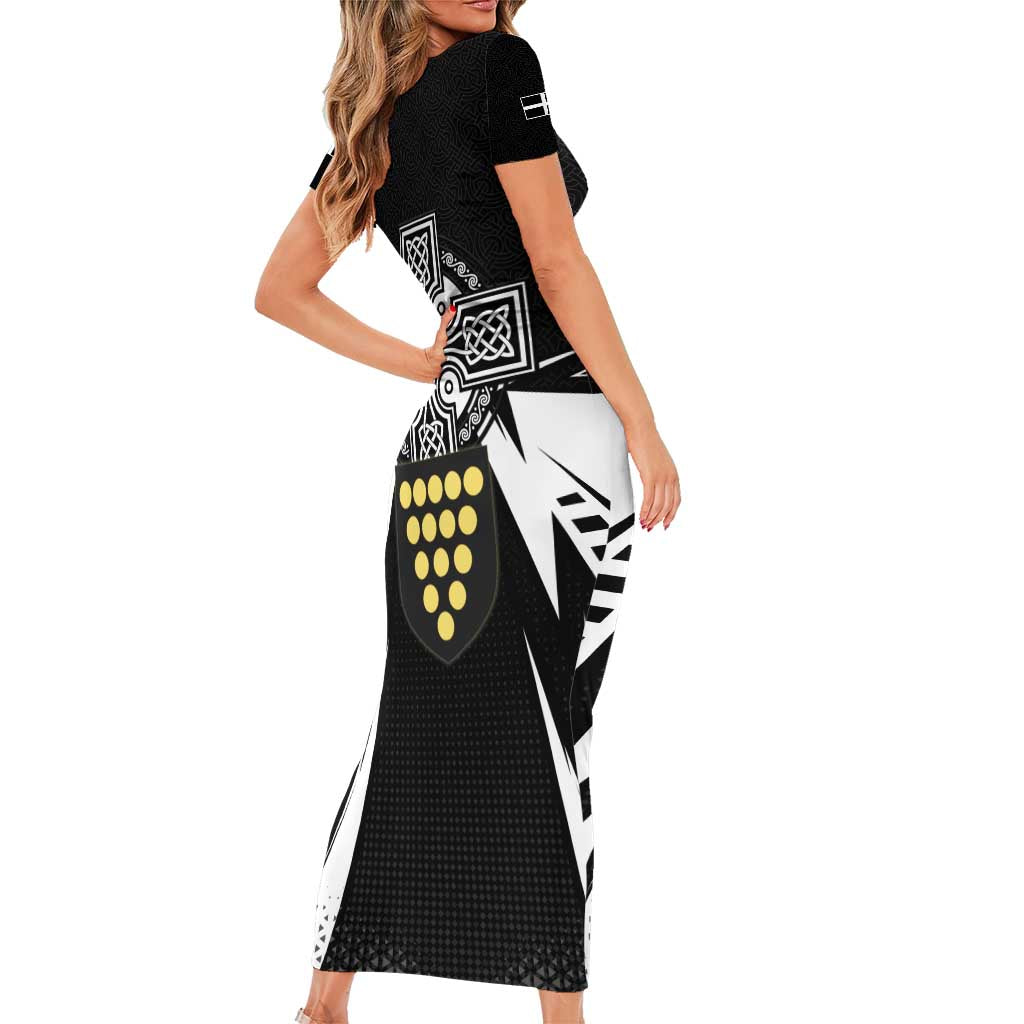 Cornwall Celtic Cross Short Sleeve Bodycon Dress Coat Of Arms With Celtic Pattern - Wonder Print Shop
