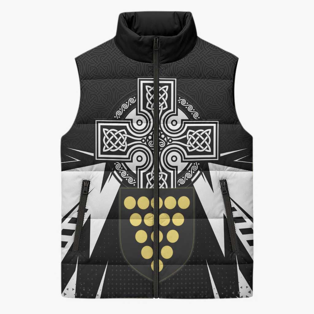 Cornwall Celtic Cross Sleeveless Puffer Jacket Coat Of Arms With Celtic Pattern - Wonder Print Shop