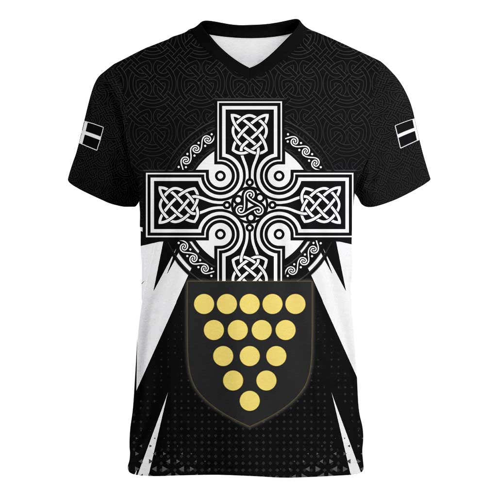 Cornwall Celtic Cross Women V-Neck T-Shirt Coat Of Arms With Celtic Pattern - Wonder Print Shop