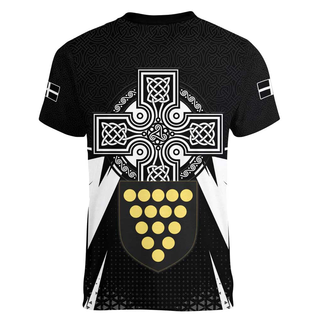 Cornwall Celtic Cross Women V-Neck T-Shirt Coat Of Arms With Celtic Pattern - Wonder Print Shop