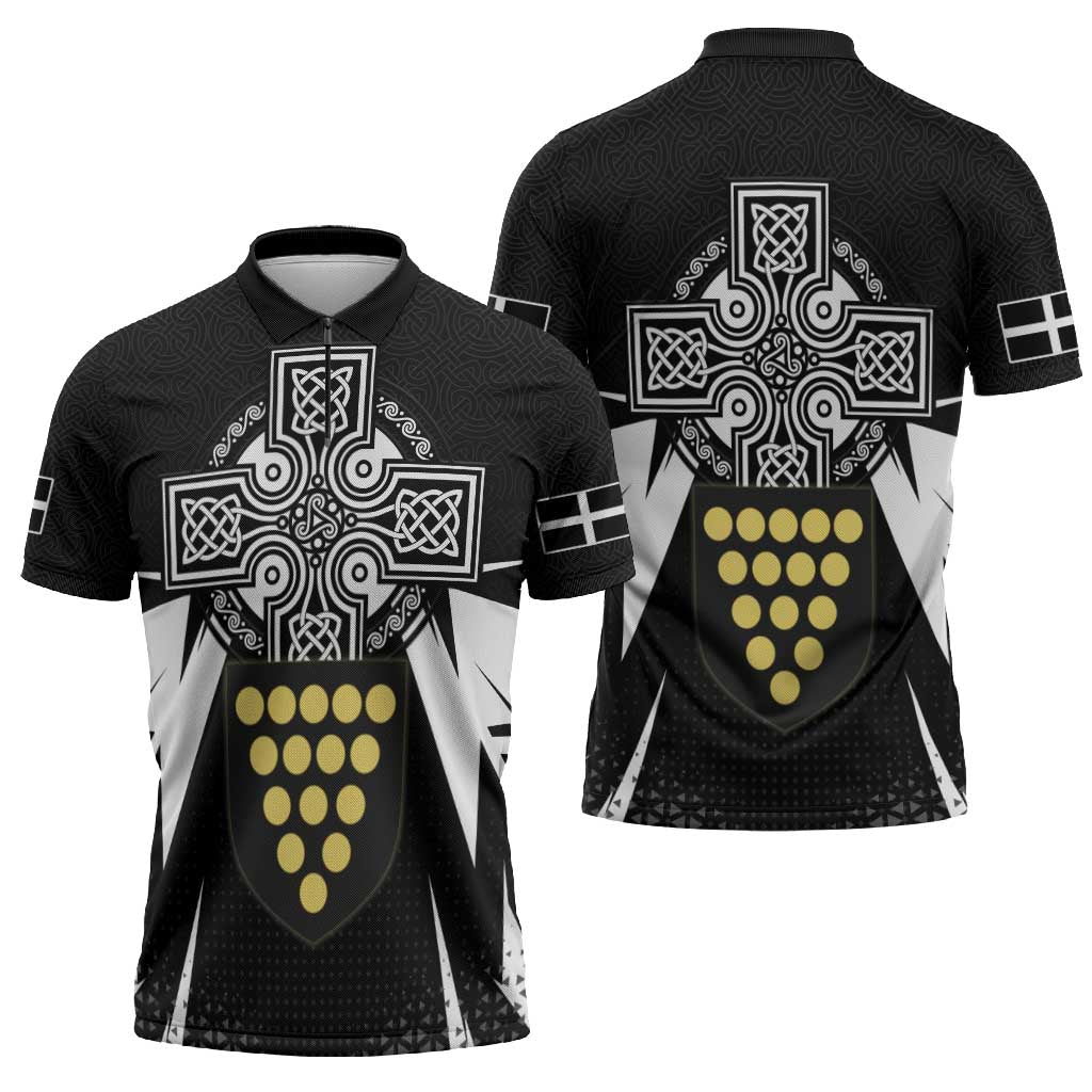 Cornwall Celtic Cross Zipper Polo Shirt Coat Of Arms With Celtic Pattern - Wonder Print Shop