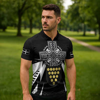 Cornwall Celtic Cross Zipper Polo Shirt Coat Of Arms With Celtic Pattern - Wonder Print Shop
