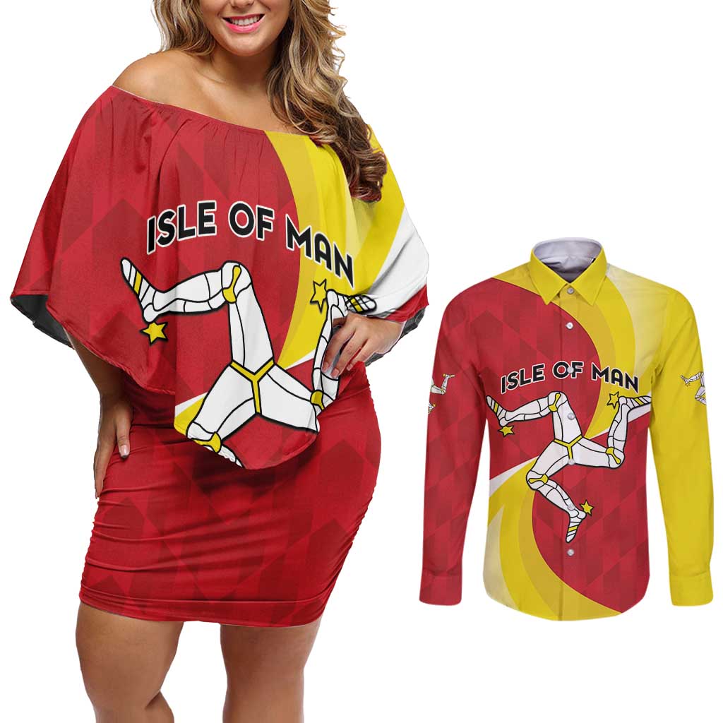 Personalized Isle of Man Couples Matching Off Shoulder Short Dress and Long Sleeve Button Shirt Triskele Ny Tree Cassyn - Wonder Print Shop