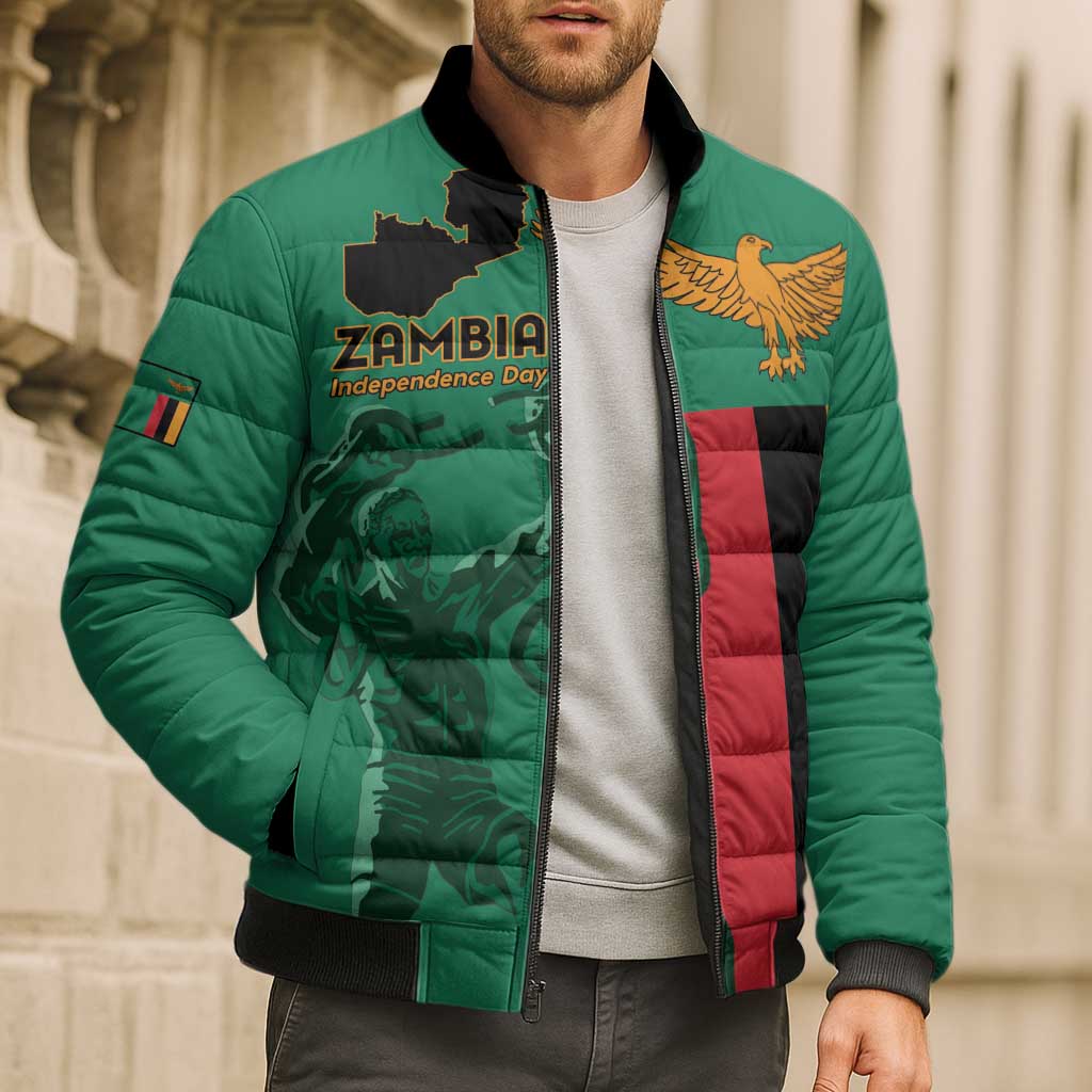Personalized Zambia Independence Day Bomber Puffer Jacket Lusaka Freedom Statue - Wonder Print Shop