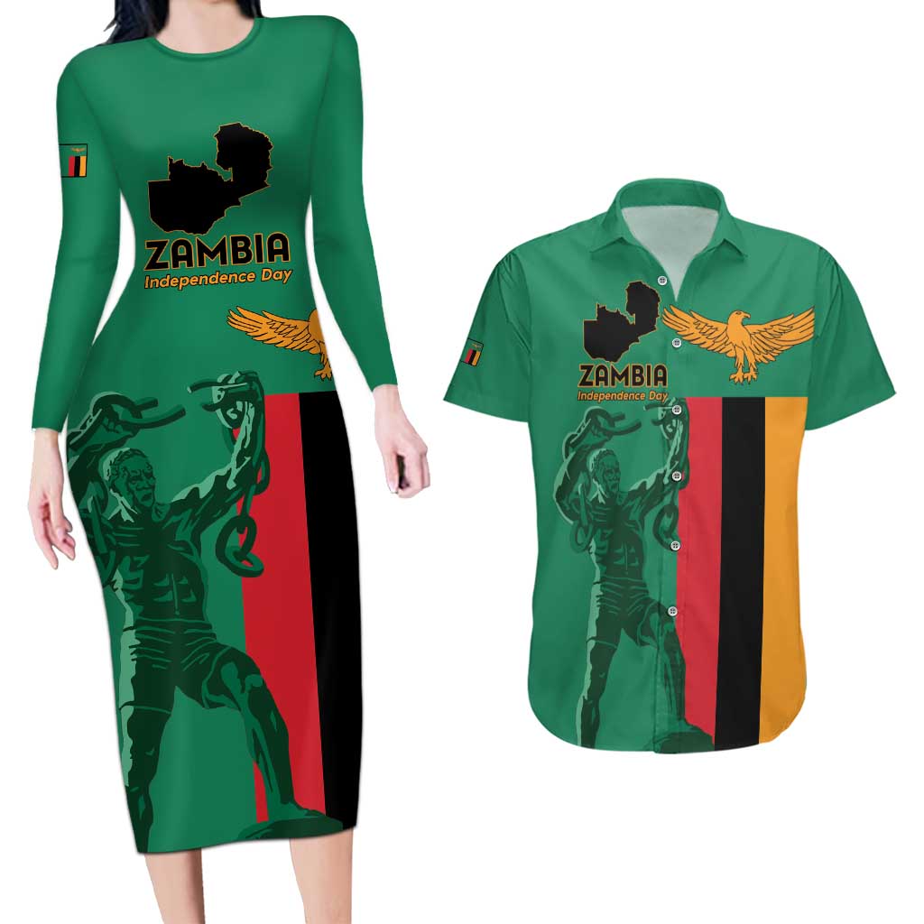 Personalized Zambia Independence Day Couples Matching Long Sleeve Bodycon Dress and Hawaiian Shirt Lusaka Freedom Statue - Wonder Print Shop