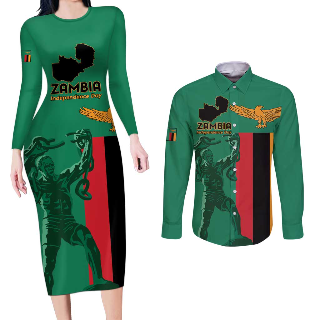 Personalized Zambia Independence Day Couples Matching Long Sleeve Bodycon Dress and Long Sleeve Button Shirt Lusaka Freedom Statue - Wonder Print Shop