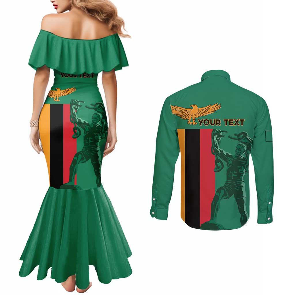 Personalized Zambia Independence Day Couples Matching Mermaid Dress and Long Sleeve Button Shirt Lusaka Freedom Statue - Wonder Print Shop