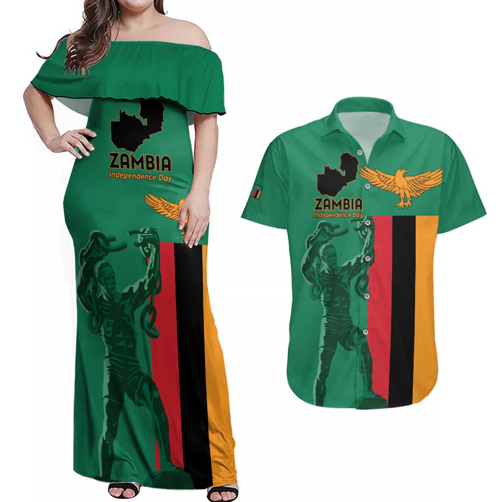 Personalized Zambia Independence Day Couples Matching Off Shoulder Maxi Dress and Hawaiian Shirt Lusaka Freedom Statue - Wonder Print Shop