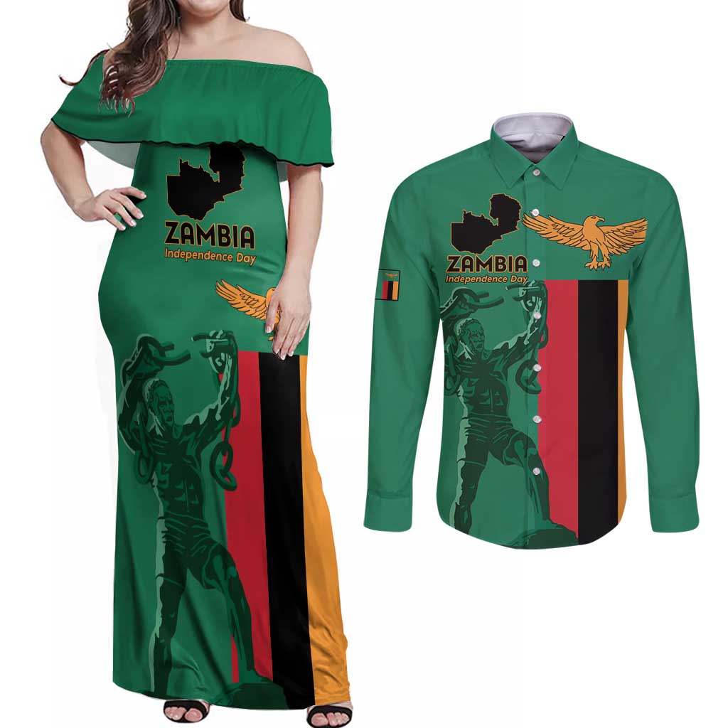 Personalized Zambia Independence Day Couples Matching Off Shoulder Maxi Dress and Long Sleeve Button Shirt Lusaka Freedom Statue - Wonder Print Shop