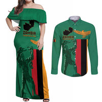 Personalized Zambia Independence Day Couples Matching Off Shoulder Maxi Dress and Long Sleeve Button Shirt Lusaka Freedom Statue - Wonder Print Shop