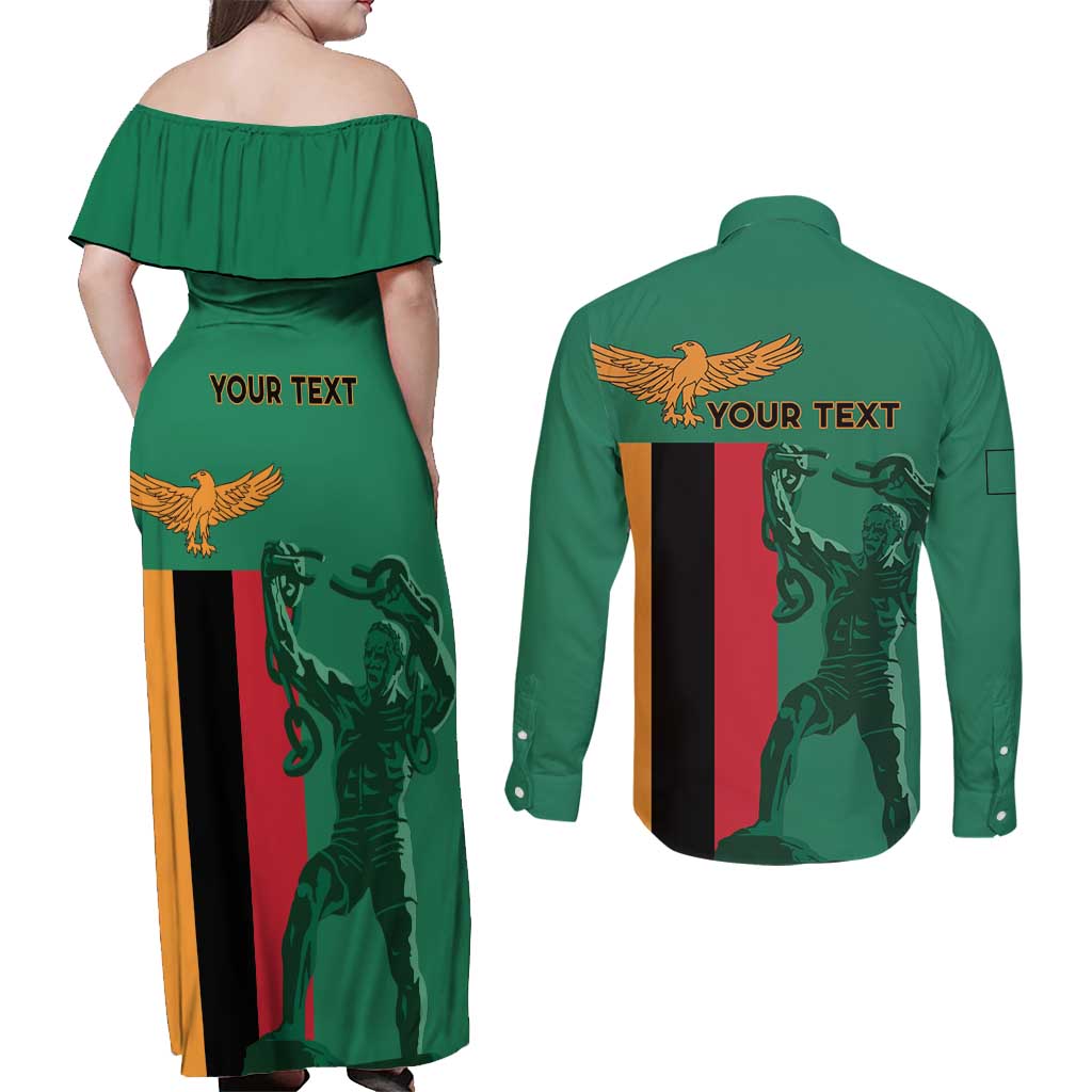 Personalized Zambia Independence Day Couples Matching Off Shoulder Maxi Dress and Long Sleeve Button Shirt Lusaka Freedom Statue - Wonder Print Shop