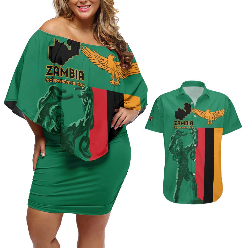 Personalized Zambia Independence Day Couples Matching Off Shoulder Short Dress and Hawaiian Shirt Lusaka Freedom Statue - Wonder Print Shop