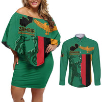 Personalized Zambia Independence Day Couples Matching Off Shoulder Short Dress and Long Sleeve Button Shirt Lusaka Freedom Statue - Wonder Print Shop
