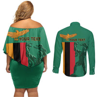 Personalized Zambia Independence Day Couples Matching Off Shoulder Short Dress and Long Sleeve Button Shirt Lusaka Freedom Statue - Wonder Print Shop