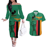 Personalized Zambia Independence Day Couples Matching Off The Shoulder Long Sleeve Dress and Hawaiian Shirt Lusaka Freedom Statue - Wonder Print Shop