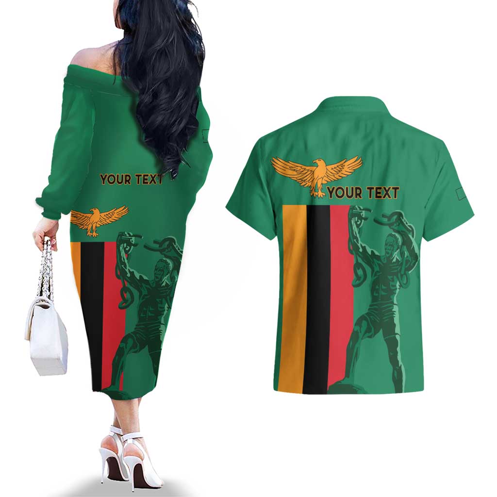 Personalized Zambia Independence Day Couples Matching Off The Shoulder Long Sleeve Dress and Hawaiian Shirt Lusaka Freedom Statue - Wonder Print Shop