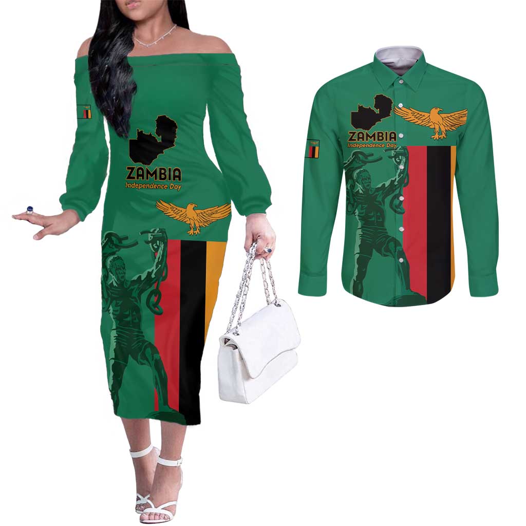 Personalized Zambia Independence Day Couples Matching Off The Shoulder Long Sleeve Dress and Long Sleeve Button Shirt Lusaka Freedom Statue - Wonder Print Shop