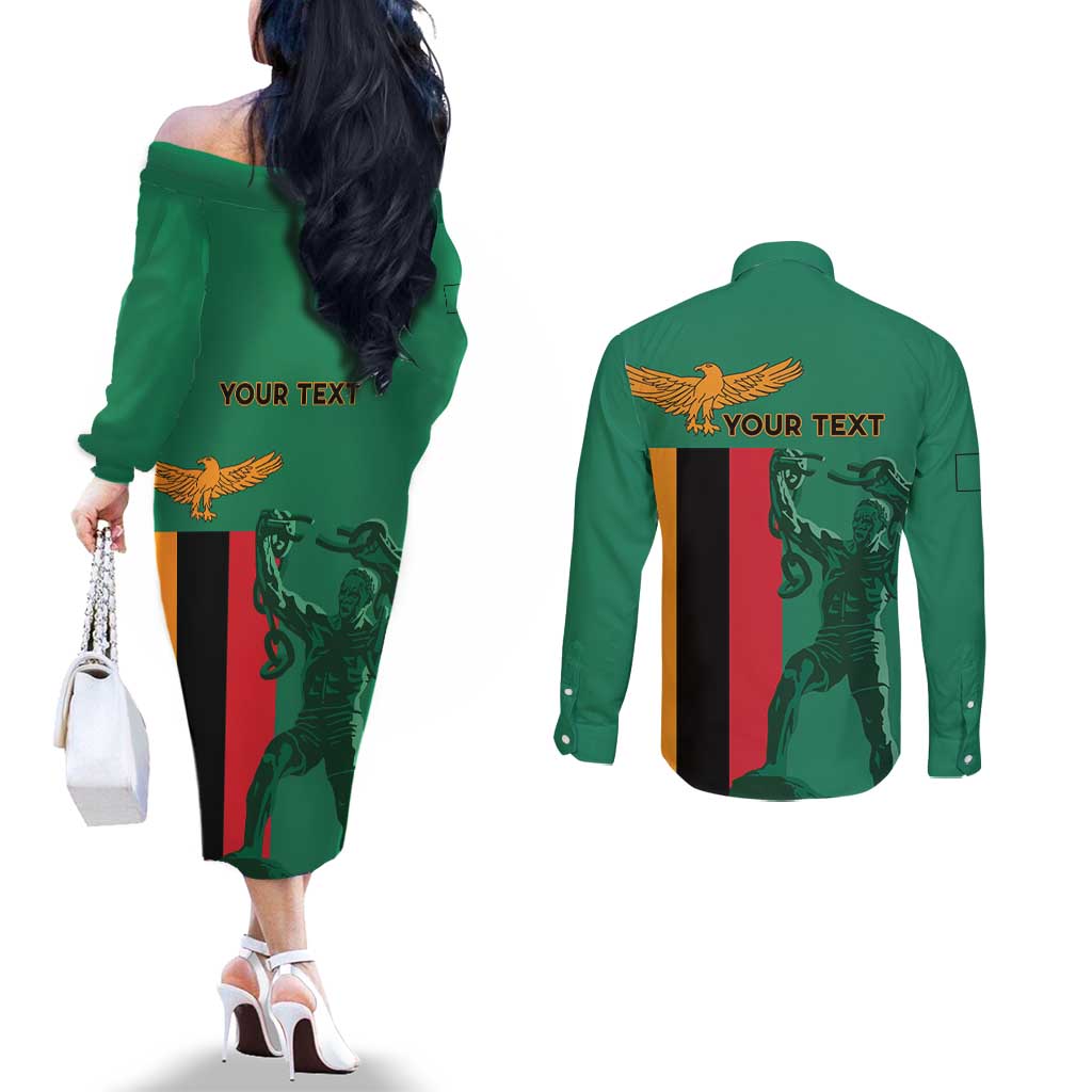 Personalized Zambia Independence Day Couples Matching Off The Shoulder Long Sleeve Dress and Long Sleeve Button Shirt Lusaka Freedom Statue - Wonder Print Shop