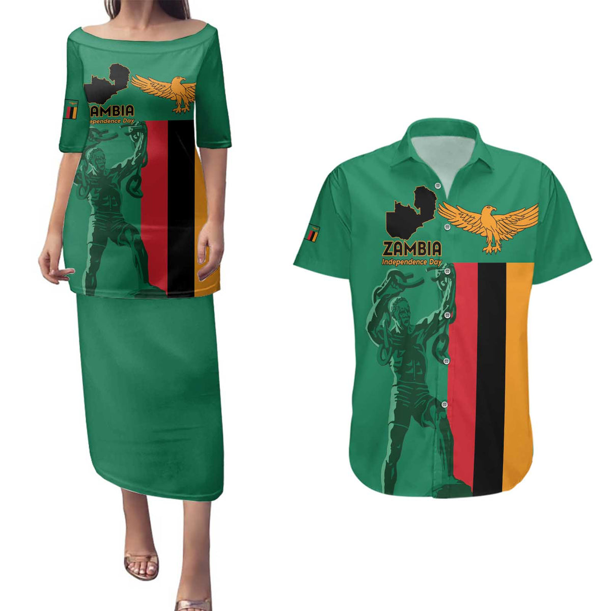 Personalized Zambia Independence Day Couples Matching Puletasi and Hawaiian Shirt Lusaka Freedom Statue - Wonder Print Shop