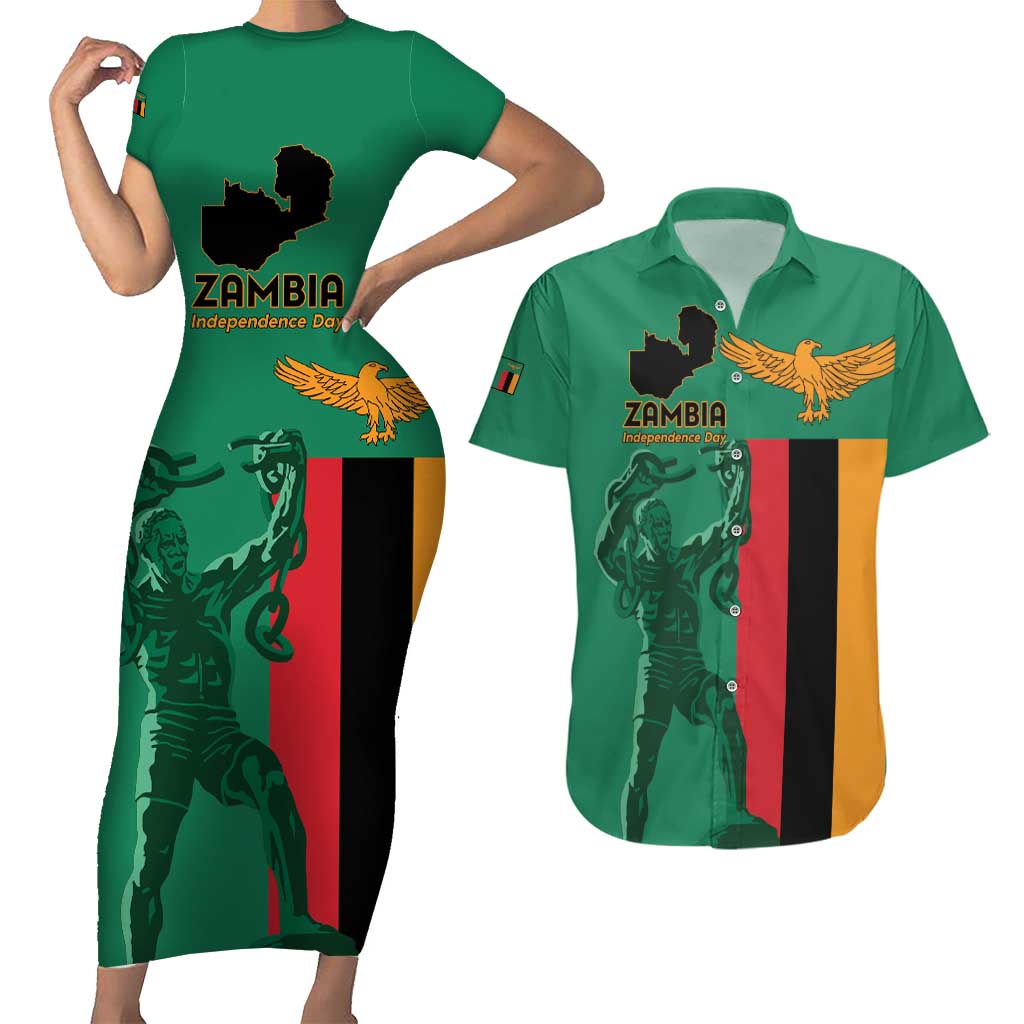 Personalized Zambia Independence Day Couples Matching Short Sleeve Bodycon Dress and Hawaiian Shirt Lusaka Freedom Statue - Wonder Print Shop
