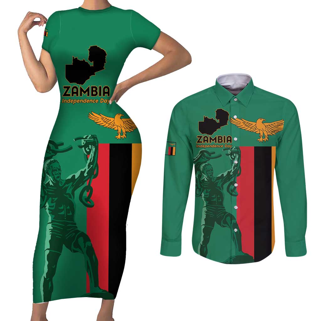 Personalized Zambia Independence Day Couples Matching Short Sleeve Bodycon Dress and Long Sleeve Button Shirt Lusaka Freedom Statue - Wonder Print Shop