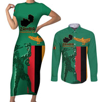 Personalized Zambia Independence Day Couples Matching Short Sleeve Bodycon Dress and Long Sleeve Button Shirt Lusaka Freedom Statue - Wonder Print Shop