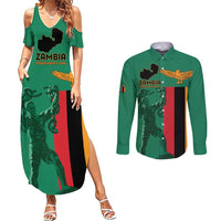 Personalized Zambia Independence Day Couples Matching Summer Maxi Dress and Long Sleeve Button Shirt Lusaka Freedom Statue - Wonder Print Shop