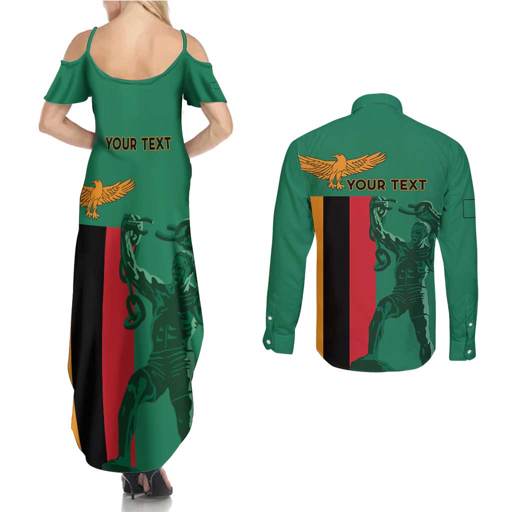 Personalized Zambia Independence Day Couples Matching Summer Maxi Dress and Long Sleeve Button Shirt Lusaka Freedom Statue - Wonder Print Shop