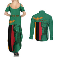 Personalized Zambia Independence Day Couples Matching Summer Maxi Dress and Long Sleeve Button Shirt Lusaka Freedom Statue - Wonder Print Shop