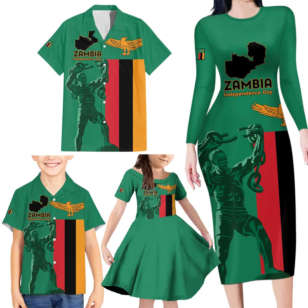 Personalized Zambia Independence Day Family Matching Long Sleeve Bodycon Dress and Hawaiian Shirt Lusaka Freedom Statue - Wonder Print Shop