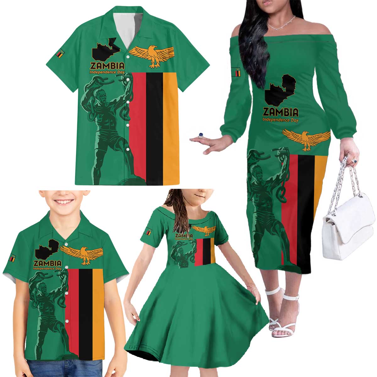 Personalized Zambia Independence Day Family Matching Off The Shoulder Long Sleeve Dress and Hawaiian Shirt Lusaka Freedom Statue - Wonder Print Shop
