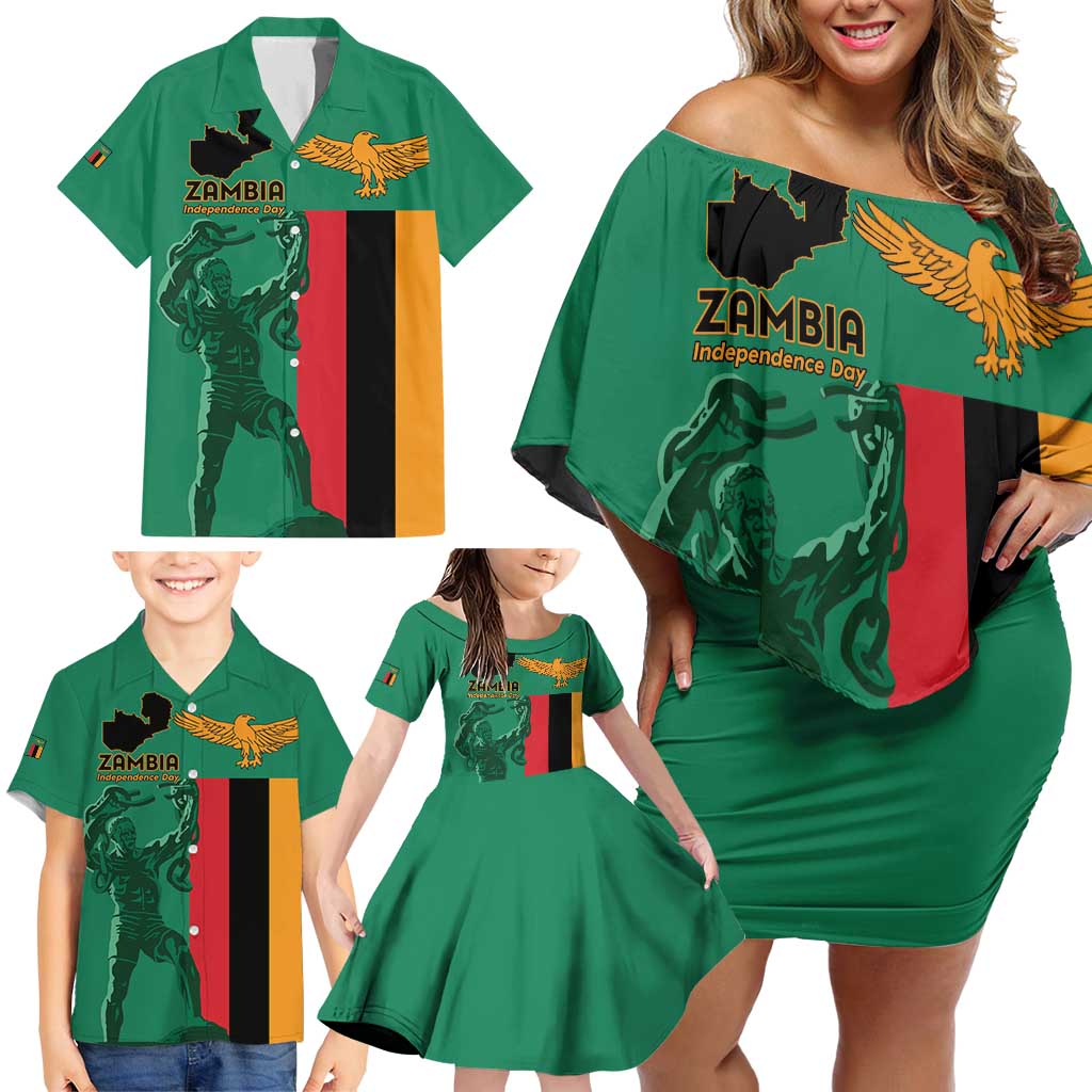 Personalized Zambia Independence Day Family Matching Off Shoulder Short Dress and Hawaiian Shirt Lusaka Freedom Statue - Wonder Print Shop