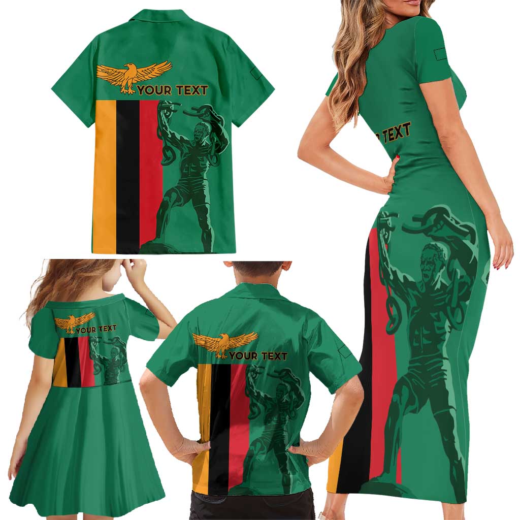 Personalized Zambia Independence Day Family Matching Short Sleeve Bodycon Dress and Hawaiian Shirt Lusaka Freedom Statue - Wonder Print Shop