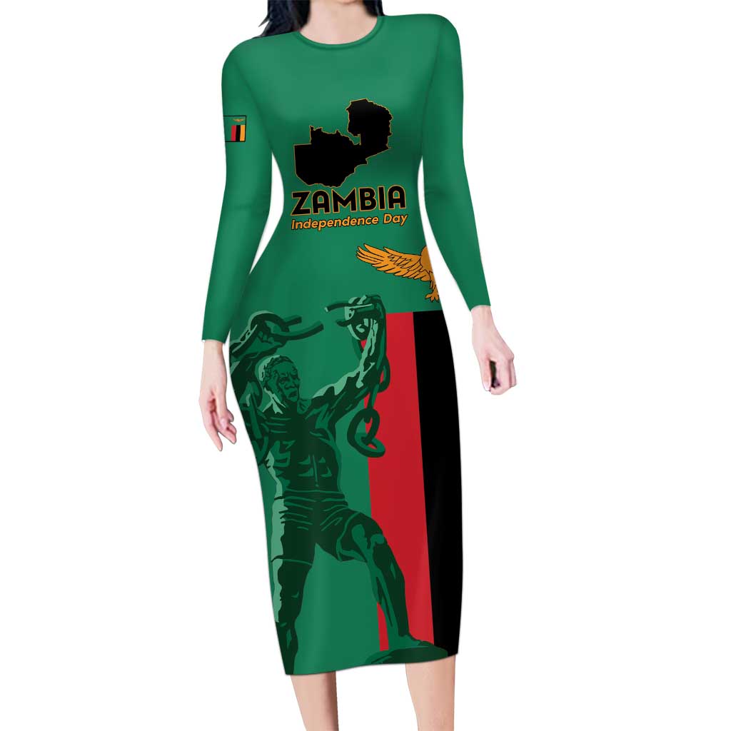 Personalized Zambia Independence Day Long Sleeve Bodycon Dress Lusaka Freedom Statue - Wonder Print Shop