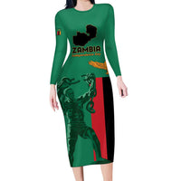 Personalized Zambia Independence Day Long Sleeve Bodycon Dress Lusaka Freedom Statue - Wonder Print Shop