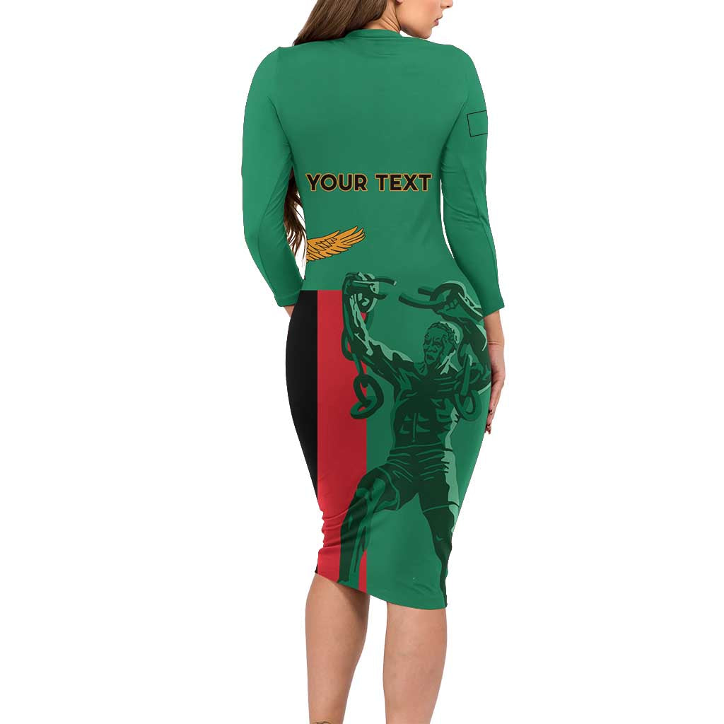 Personalized Zambia Independence Day Long Sleeve Bodycon Dress Lusaka Freedom Statue - Wonder Print Shop