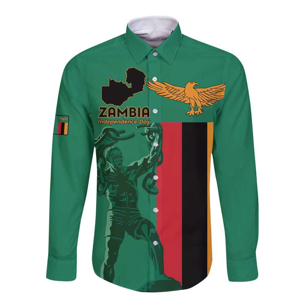 Personalized Zambia Independence Day Long Sleeve Button Shirt Lusaka Freedom Statue - Wonder Print Shop