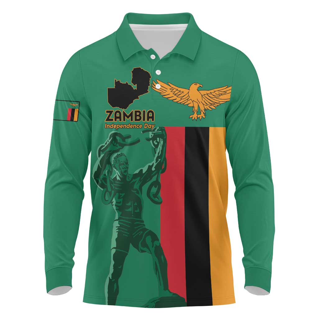 Personalized Zambia Independence Day Long Sleeve Polo Shirt Lusaka Freedom Statue - Wonder Print Shop