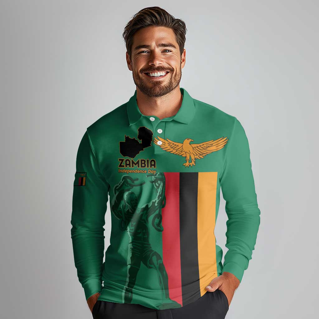 Personalized Zambia Independence Day Long Sleeve Polo Shirt Lusaka Freedom Statue - Wonder Print Shop