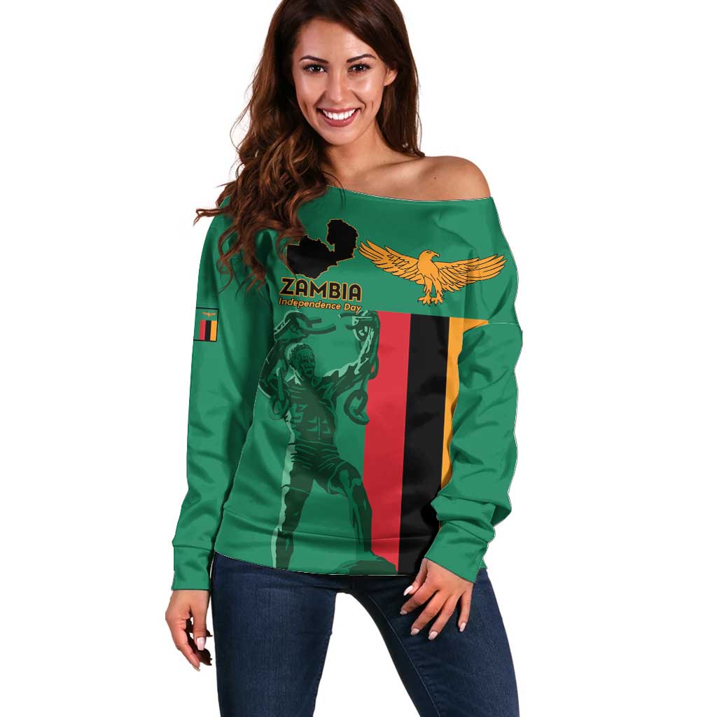Personalized Zambia Independence Day Off Shoulder Sweater Lusaka Freedom Statue - Wonder Print Shop