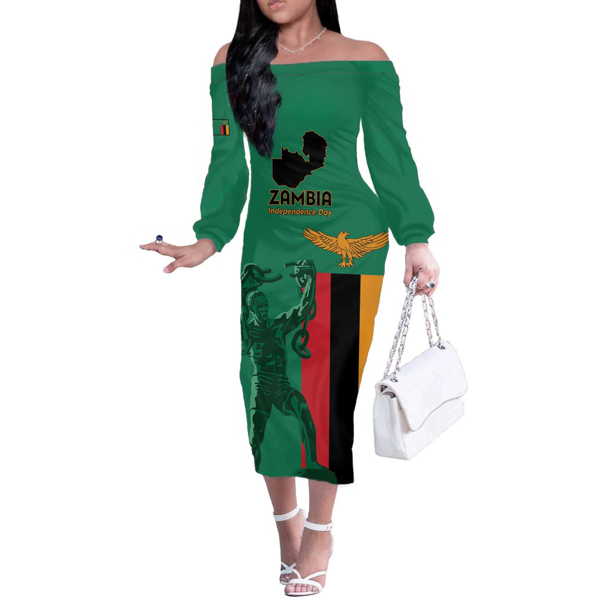 Personalized Zambia Independence Day Off The Shoulder Long Sleeve Dress Lusaka Freedom Statue - Wonder Print Shop