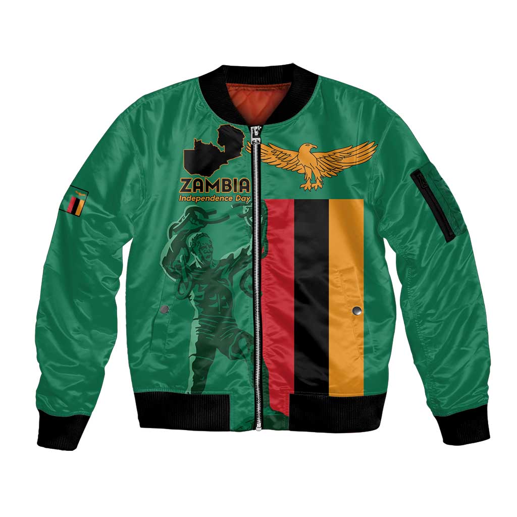 Personalized Zambia Independence Day Sleeve Zip Bomber Jacket Lusaka Freedom Statue - Wonder Print Shop
